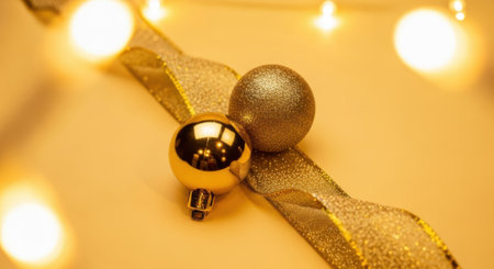 A close-up shot of gold and silver Christmas ornaments resting on a shimmering gold ribbon, illuminated by soft, warm lights, creating a festive holiday atmosphere.の素材