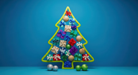A vibrant Christmas tree outline filled with colorful gifts and ornaments, set against a bright blue backdrop, perfect for holiday greetings.の素材