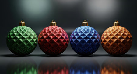 A close-up shot of four vibrant Christmas ornaments, each with a unique textured pattern, arranged in a row on a dark, reflective surface, creating a festive and elegant display.の素材