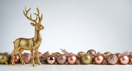 A golden reindeer figurine stands beside a row of Christmas baubles, creating a festive holiday scene.の素材