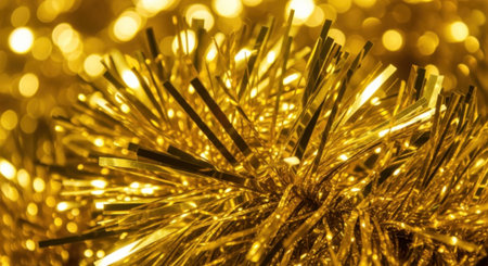 Close-up of a vibrant golden tinsel garland, perfect for holiday decorations. The shimmering texture and bokeh background create a festive and celebratory atmosphere.の素材