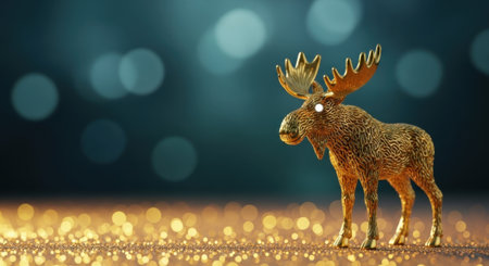 A golden moose figurine stands prominently on a shimmering, golden surface, set against a dark, blurred background with soft, blue bokeh lights, creating a magical and festive atmosphere.の素材