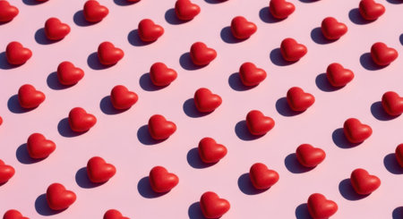 A pattern of red heart-shaped candies is scattered across a light pink surface, creating a sweet and romantic Valentines Day backdrop.の素材