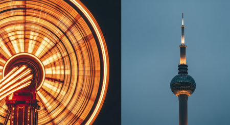Diptych collage featuring a long exposure of a vibrant amusement park ride and the famous Fernsehturm landmark in Berlin Germany at dusk.の素材