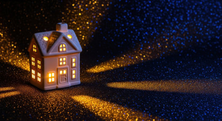 A detailed shot of a small, lit-up house figurine against a dark, glittery backdrop, creating a cozy atmosphere.の素材