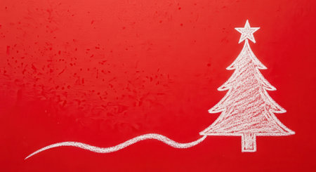 A simple white chalk drawing of a Christmas tree with a star on top, set against a vibrant red textured background. A wavy line extends from the tree, suggesting movement or a path.の素材