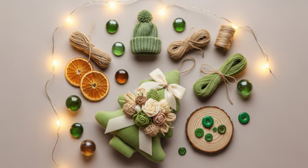 An overhead shot showcasing a variety of green and orange craft supplies, including yarn, dried orange slices, a knitted hat, and decorative glass beads, all illuminated by warm fairy lights on a light background.の素材