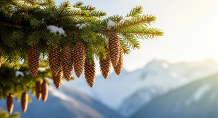 Close-up of pine cones on a snowy evergreen branch, with soft-focus mountains and sunlight in the background.の素材