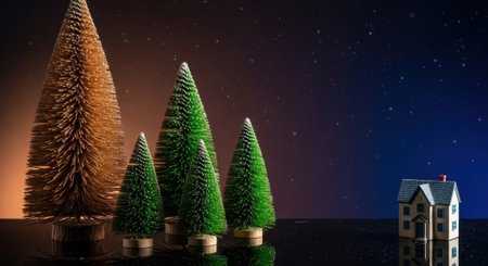 A charming miniature scene featuring several small artificial pine trees and a tiny house set against a dark, starry night sky. The entire diorama is reflected on a glossy surface below.の素材