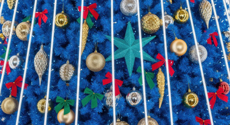 A close up view of a uniquely colored blue Christmas tree adorned with shiny gold and silver baubles, red bows, a turquoise star, and vertical neon lights.の素材