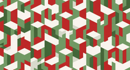 An abstract isometric pattern featuring red, green, and white blocks arranged in a visually engaging composition.の素材