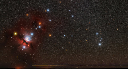 A captivating image of the Orion Nebula, showcasing its vibrant colors and the surrounding star field in the night sky.の素材