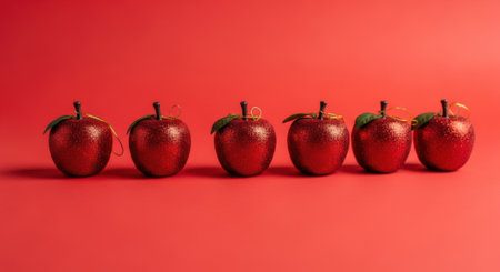 A horizontal shot of six small, bright red apples perfectly aligned in a row against a matching vibrant red background, creating a striking monochromatic scene.の素材