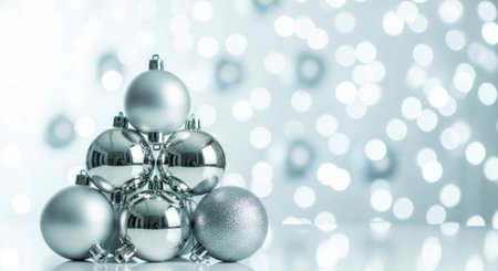 A pyramid of silver Christmas ornaments, reflecting light, set against a blurred bokeh background, creating a festive and elegant holiday scene.の素材