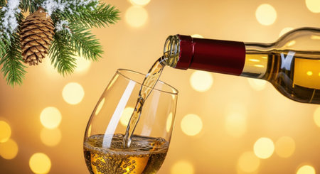 A bottle of white wine is being poured into a glass, set against a festive holiday background with bokeh lights and pine branch.の素材
