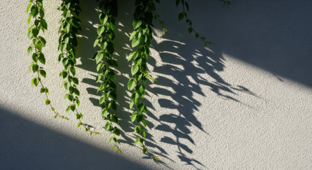 A close-up shot of a vibrant green hanging plant casting intricate shadows on a textured white wall, illuminated by natural sunlight.の素材