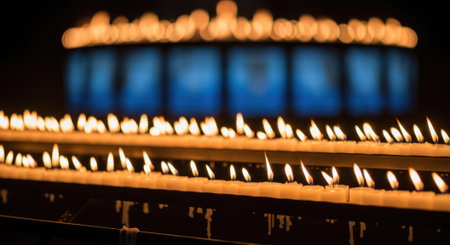 A multitude of candles are lit in rows, creating a warm and inviting atmosphere. The soft glow of the flames illuminates the surrounding darkness.の素材
