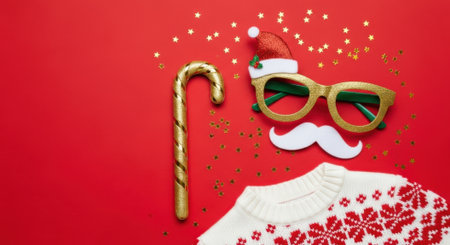Top view flat lay of Christmas party essentials including a festive sweater, a golden candy cane, and funny photo booth props like glasses, a mustache, and a Santa hat on a red background.の素材