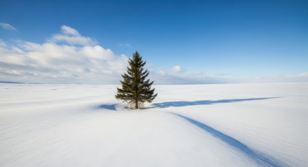 A solitary pine tree stands in a snow-covered field under a clear blue sky with scattered clouds, casting a long shadow across the pristine white landscape.の素材