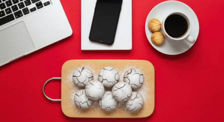 A minimalist workspace featuring a laptop, phone, coffee cup with cookies, and a tray of pastries, all arranged on a vibrant red surface.の素材