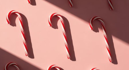 Minimalist Christmas background featuring a repeating pattern of candy canes on a solid pink surface. Strong diagonal shadows from direct sunlight create a modern festive aesthetic.の素材
