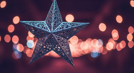 A detailed shot of a decorative star ornament with a bokeh background, creating a festive and visually appealing image.の素材