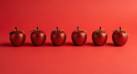 A minimalist still life composition featuring six vibrant red apples in a neat row against a matching solid red background creating a monochromatic effect.の素材