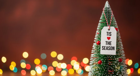 A festive miniature Christmas tree adorned with a Tis the Season tag, set against a warm background with colorful bokeh lights, evoking holiday cheer and celebration.の素材