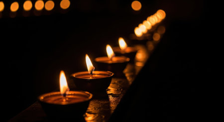 A line of earthen oil lamps, known as diyas, glows warmly in the dark, celebrating the Hindu festival of Diwali, symbolizing the triumph of light over darkness.の素材