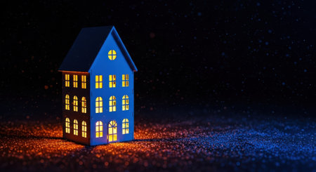 A blue miniature house model glows with warm light in the darkness, creating a cozy and inviting atmosphere.の素材