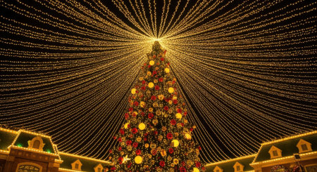 A beautifully decorated Christmas tree stands tall, surrounded by a canopy of sparkling lights, creating a magical and festive atmosphere in an urban setting.の素材
