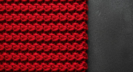 Close-up of a tightly knitted red fabric with a textured pattern, contrasted against a solid dark gray surface, highlighting the materials detail and color.の素材