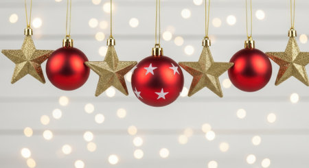 A festive holiday background featuring a line of hanging red Christmas ornaments and shiny golden stars against a backdrop of beautiful blurred bokeh lights.の素材