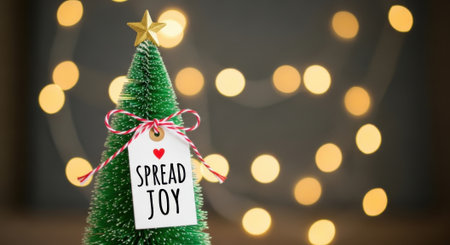 A small, festive green Christmas tree adorned with a tag that reads Spread Joy, set against a soft background of warm, glowing bokeh lights.の素材