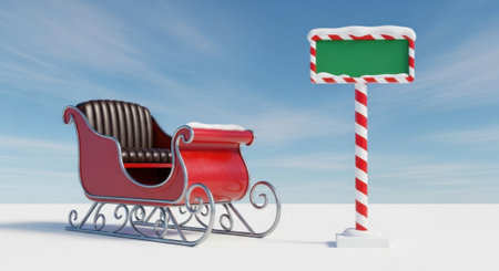 A classic red Santa Claus sleigh sits in a vast snowy landscape under a blue sky next to a candy cane striped pole holding a blank green sign for your message.の素材