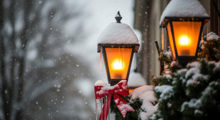 Close-up of two vintage street lamps covered in snow, casting a warm orange glow on a winter evening. A red ribbon adorns one lamp.の素材