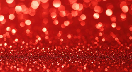 A dazzling red background featuring a bokeh effect with blurred lights and sparkling glitter, creating a festive and glamorous atmosphere.の素材
