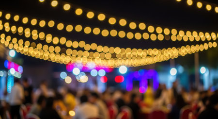 A vibrant outdoor evening scene illuminated by rows of warm string lights, with a crowd of people blurred in the background, creating a festive atmosphere.の素材