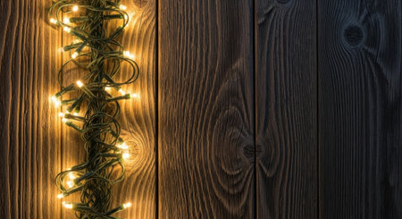 A string of warm Christmas lights illuminates a rustic wooden surface, creating a cozy and festive atmosphere. Perfect for holiday-themed designs.の素材