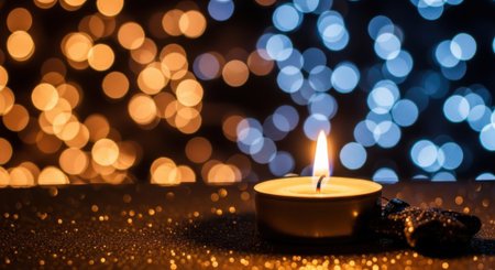 A single candle glows warmly, casting light on a dark surface. Bokeh lights in orange and blue create a festive background.の素材