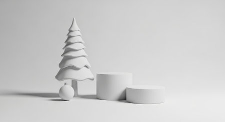 A clean 3D rendering of a monochrome Christmas scene featuring a stylized tree and two cylindrical podiums for product presentation on a white background.の素材