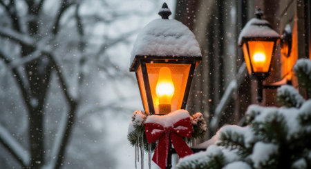 Two vintage street lamps glow warmly amidst a snowy winter scene, their light casting a soft glow on the snow-covered landscape.の素材