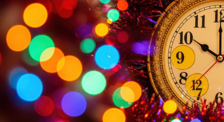 A close-up shot of an antique clock face showing midnight, surrounded by vibrant, out-of-focus bokeh lights, symbolizing the arrival of a new year and celebration.の素材
