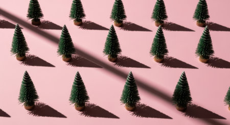A repeating pattern of small, artificial Christmas trees casting long shadows on a vibrant pink surface.の素材