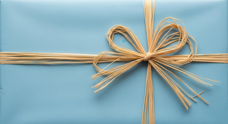 A close up overhead shot of a beautifully wrapped gift. The gift is covered in plain light blue paper and tied with a simple yet elegant bow made from natural raffia or twine.の素材