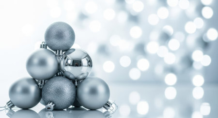A stack of silver Christmas ball ornaments arranged in a pyramid shape on a reflective surface. The background features beautiful out of focus bokeh lights creating a festive mood.の素材