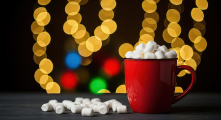 A cozy red mug filled with hot chocolate and topped with mini marshmallows, set against a blurred background of warm, festive bokeh lights, creating a comforting winter scene.の素材