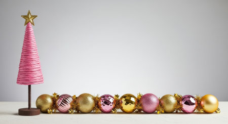 A small, elegant pink Christmas tree with a golden star stands next to a row of shiny golden and pink Christmas ornaments, all set against a clean white background, creating a festive and minimalist holiday display.の素材