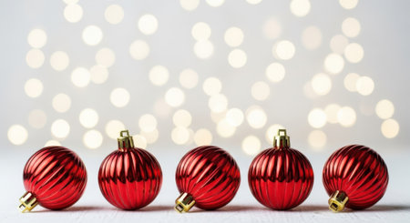 A line of five shiny red Christmas ornaments with a ribbed texture sits on a white surface. The background is filled with soft, glowing, out-of-focus festive lights.の素材