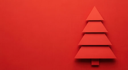A simple, modern red Christmas tree design stands out against a matching red background, offering ample copy space for holiday greetings or festive messages. The monochromatic palette creates a striking and elegant look.の素材
